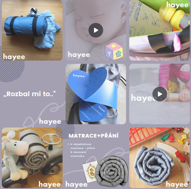 Instagramový feed značky Hayee s produktovými fotografiemi a vizuály