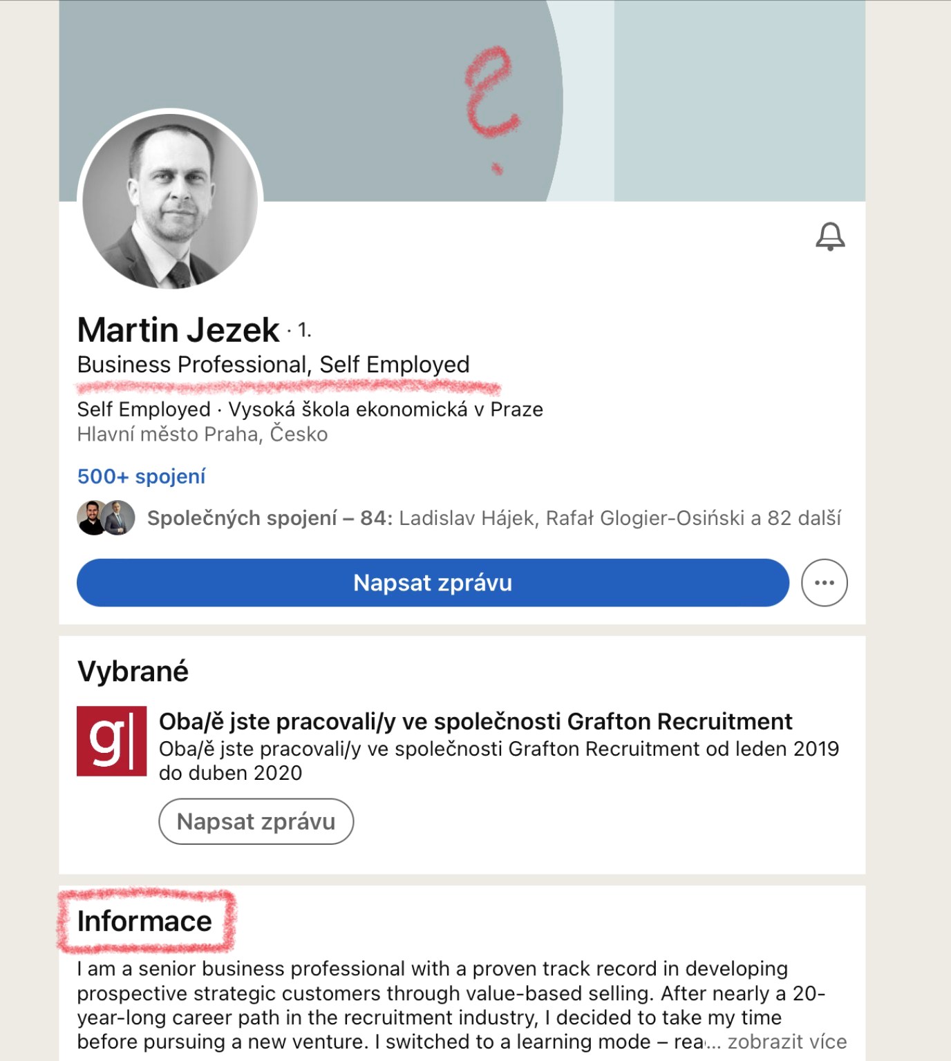 Audit LinkedIn profilu s poznámkami k titulku a sekci Informace