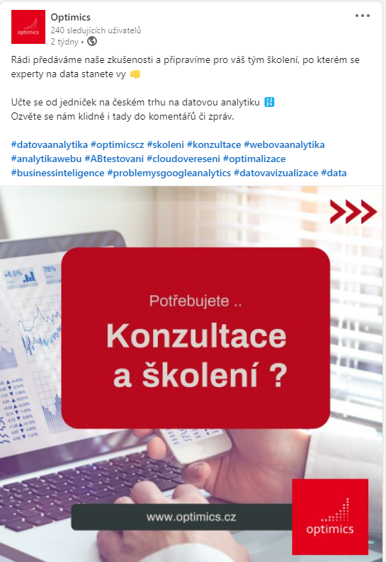 LinkedIn příspěvek Optimics nabízející konzultace a školení