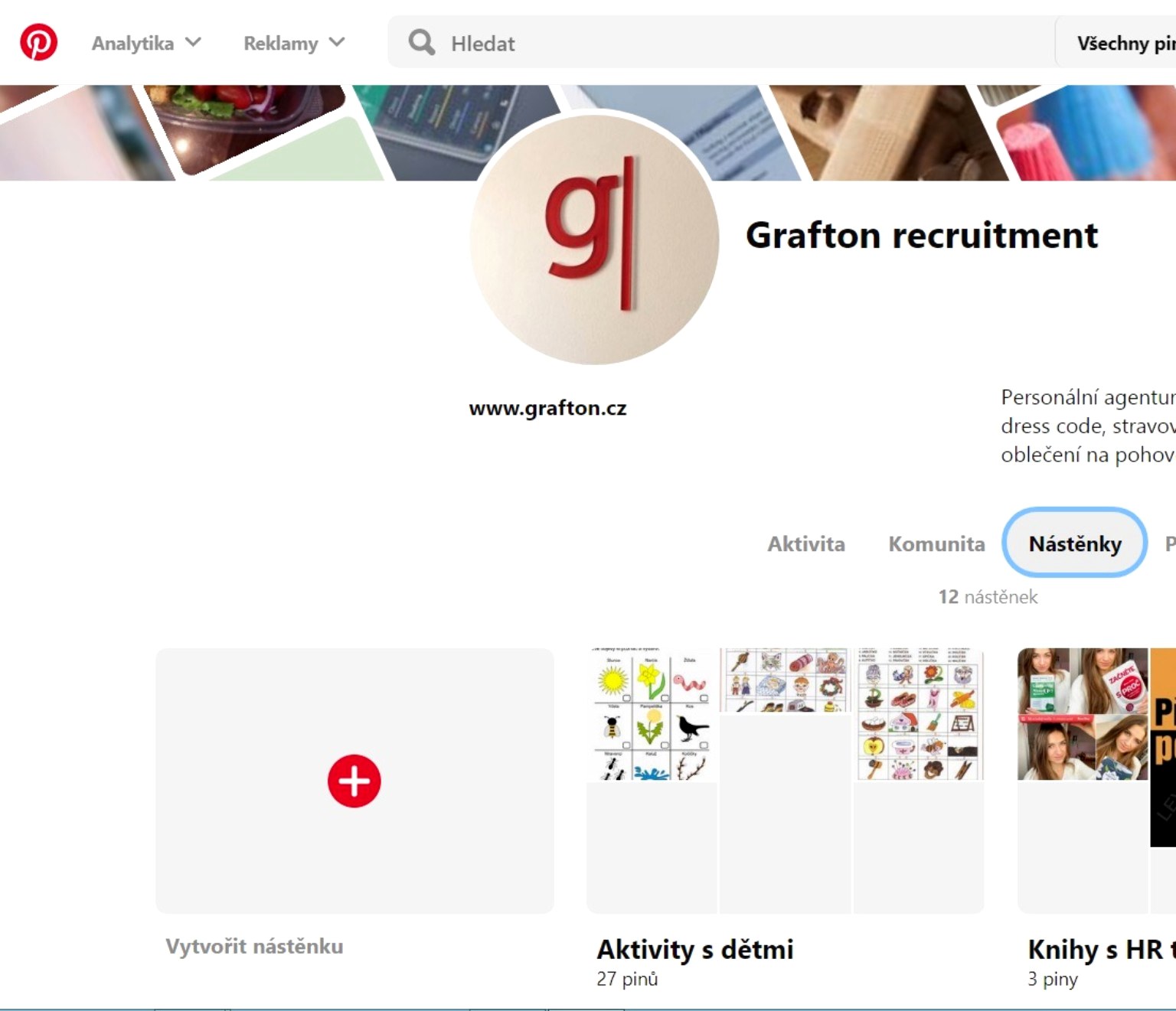 Pinterest profil Grafton Recruitment s nástěnkami pro rodiče a HR témata