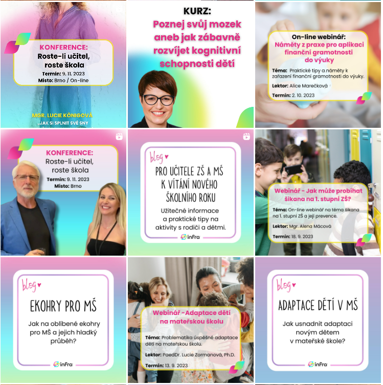 Mřížka příspěvků na Instagramu značky Učení zábavou s vizuály webinářů, konferencí a blogových článků